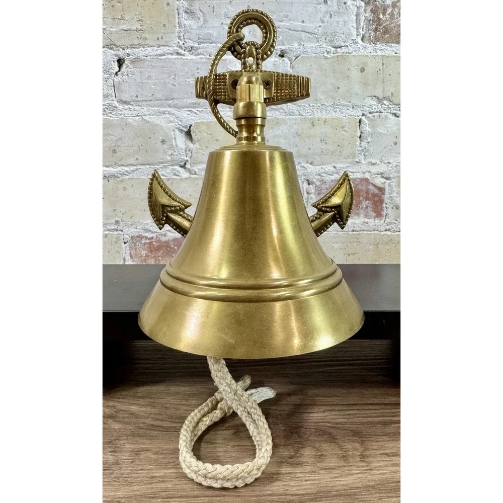 Vintage Solid Brass Ship Bell Anchor Wall Mount Nautical Maritime Rope 6.5